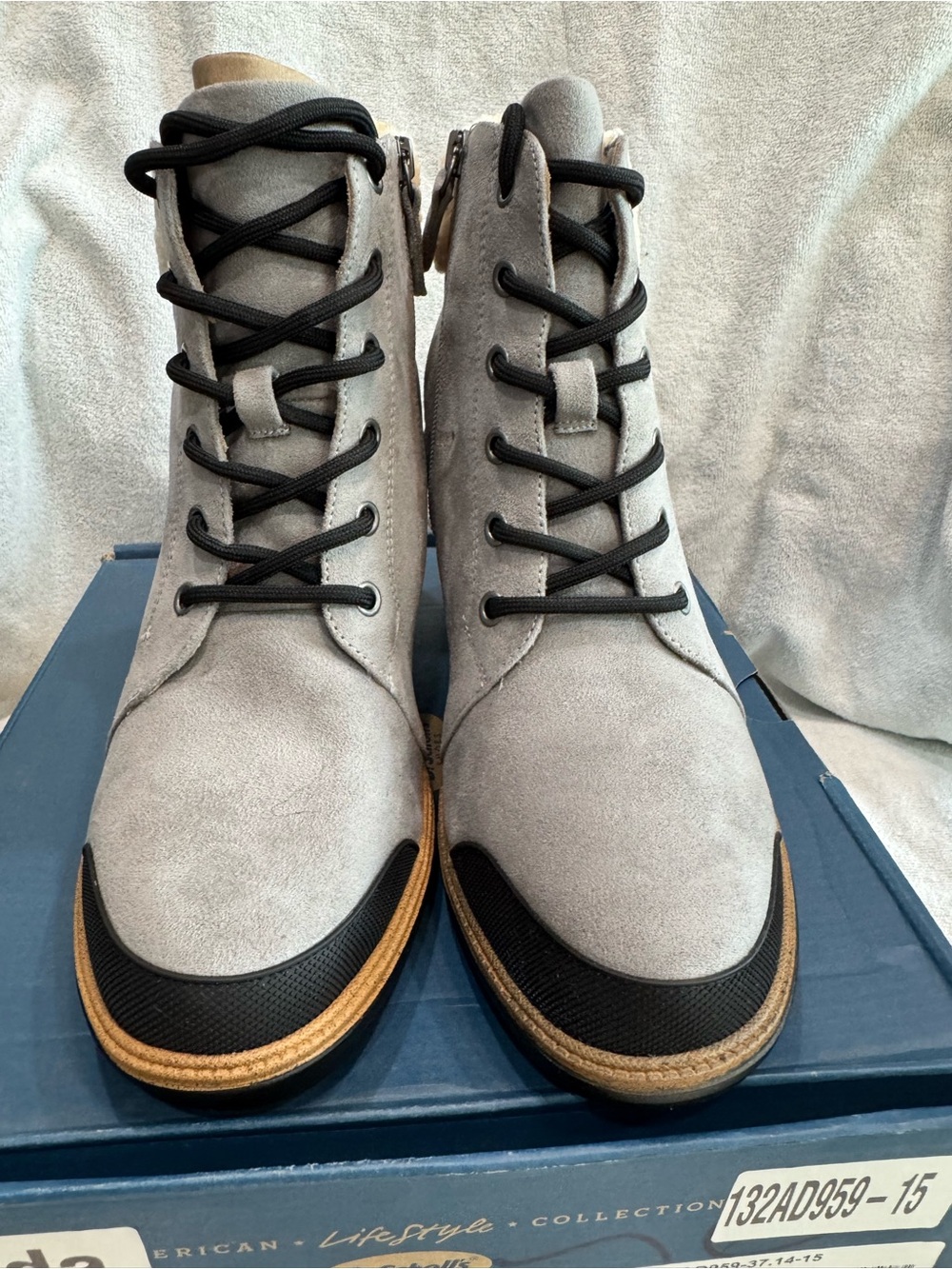 Dr. Scholl's Gray Suede Lace-Up Ankle Boots with Black Accents and Tan Welt